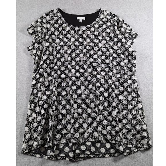 Susan Graver Women Top 3X Polka Dot Lace Overlay Swing Tunic Stretch Popover - Picture 1 of 10